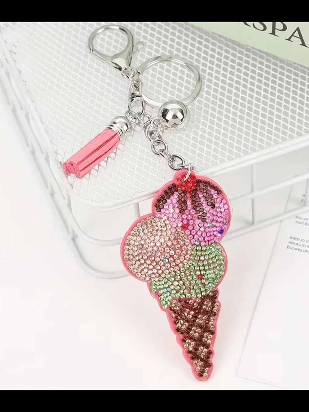 Pink Crystal Ice Cream Cone Key & Card Holder Charm